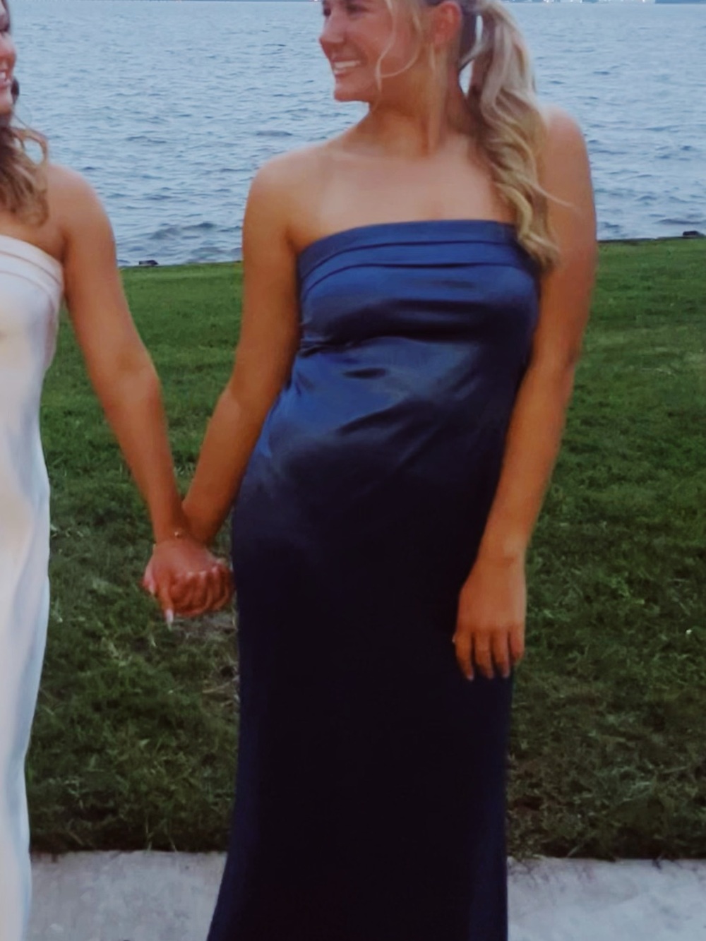 Strapless Navy Satin Evening Dress